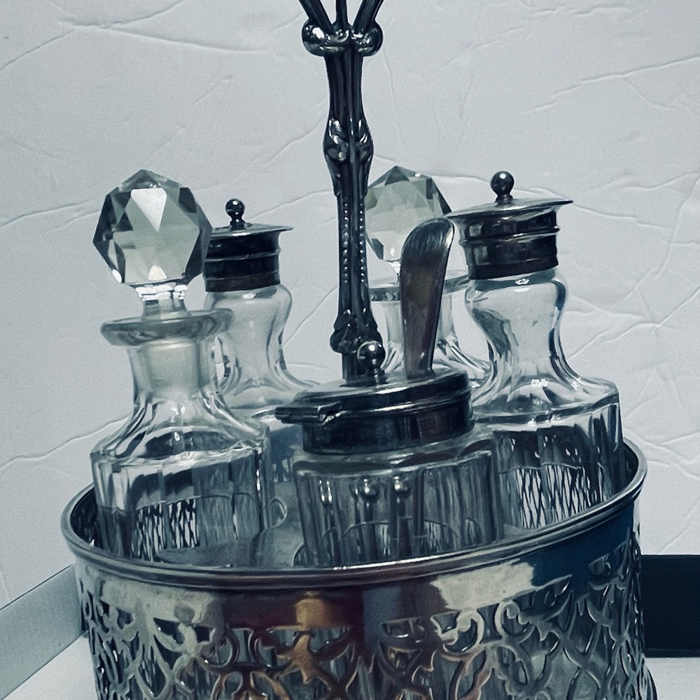 *** SOLD ** Vintage Silverplate Glass Oil Vinegar Condiment Cruet Caddy  Rack